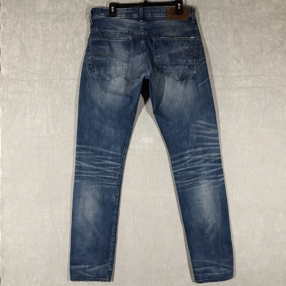 G-Star 3301 TAPERED RL Selvedge Medium Wash Dark Splatter Jeans Size W34 L36